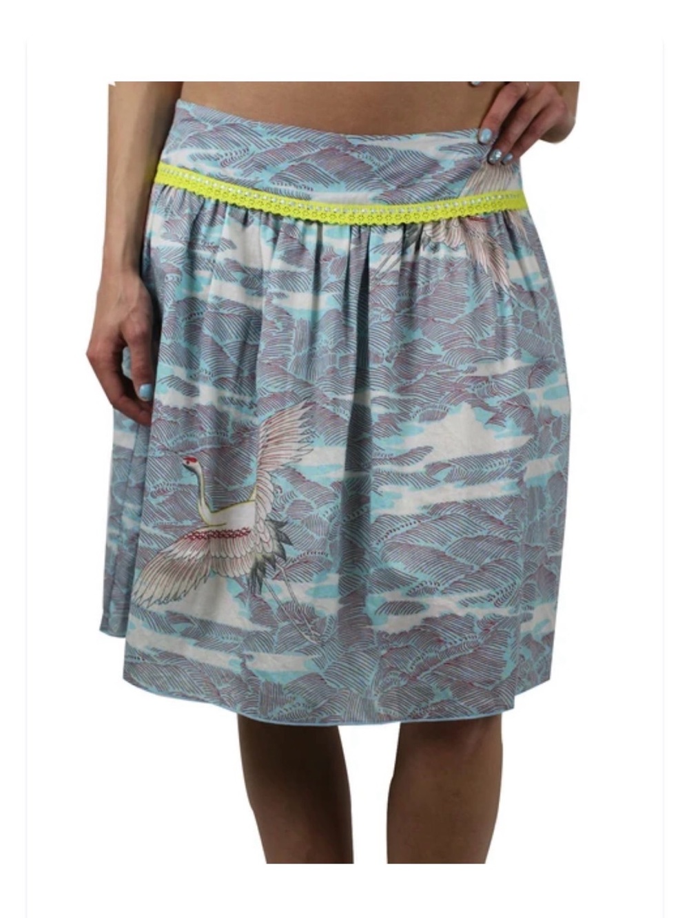 NWT Custo Barcelona Around Cigogne Crane Print Cotton 20” Peasant Skirt - Size 4